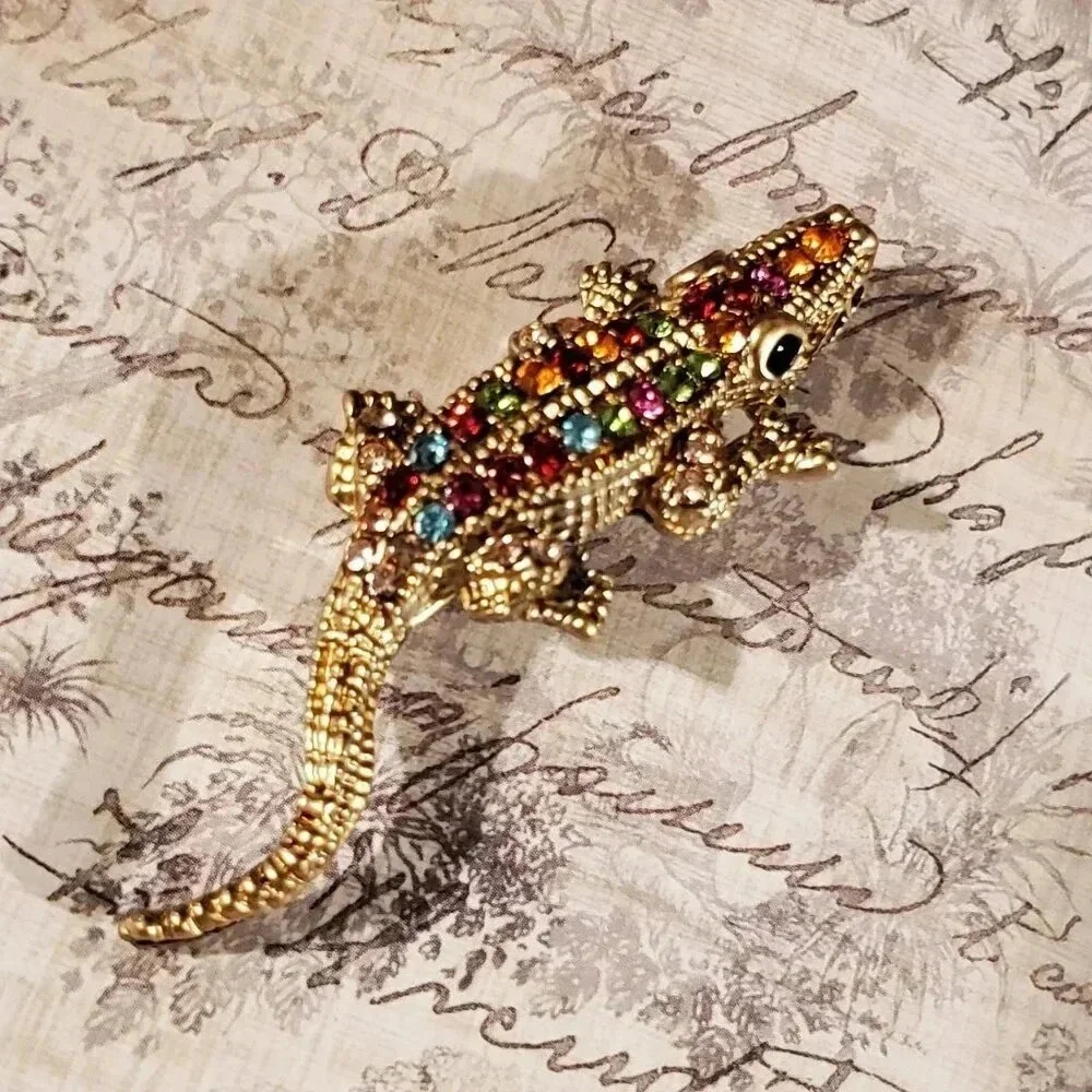 New Vintage 90s Y2K Multicolor Gold Crystal Gecko Lizard Brooch